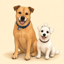 Gabbi, a big tan dog with a blue collar, and Duke, a small white curly-haired dog with a little tuft, sit side by side and smile.
