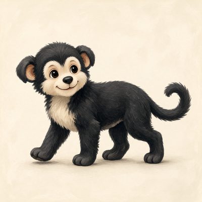 MonkeyDog, a small black dog with a cream face, round ears and a curly tail.
