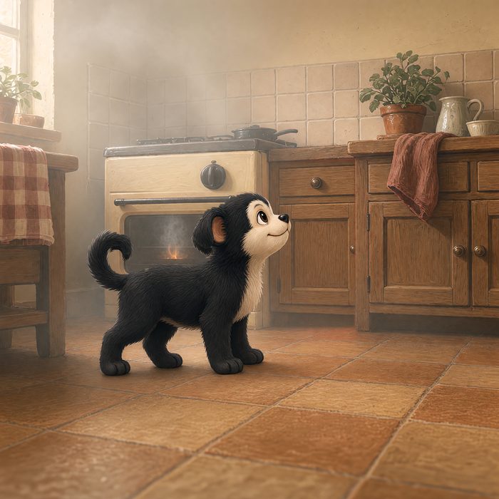 The smoky kitchen from the story, with MonkeyDog sniffing the air.